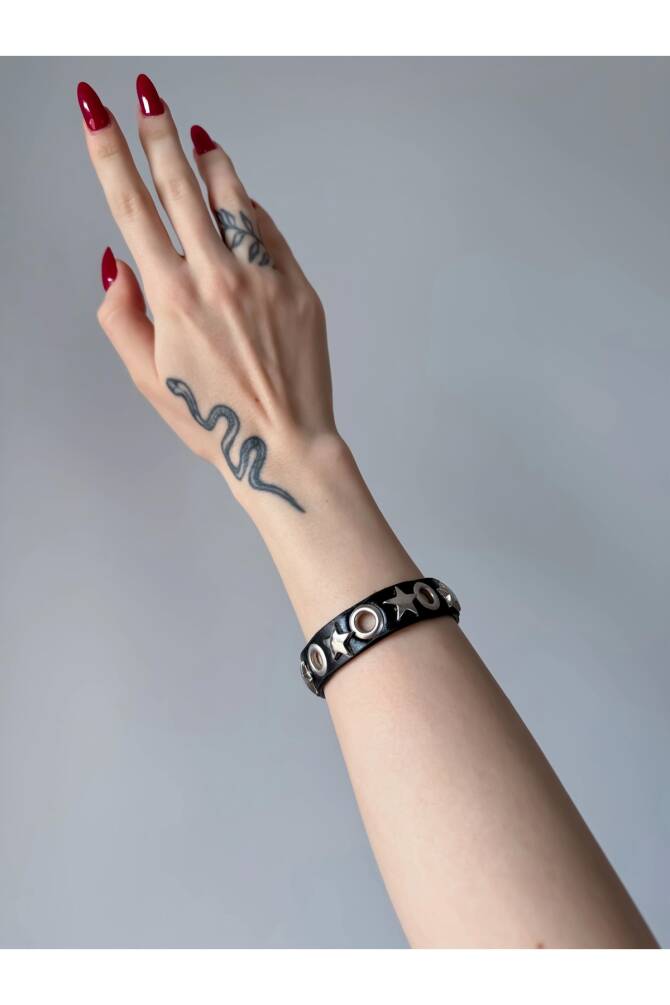Gotik Punk Y2K Yıldızlı Kuş Gözlü Suni Deri Bileklik - 3