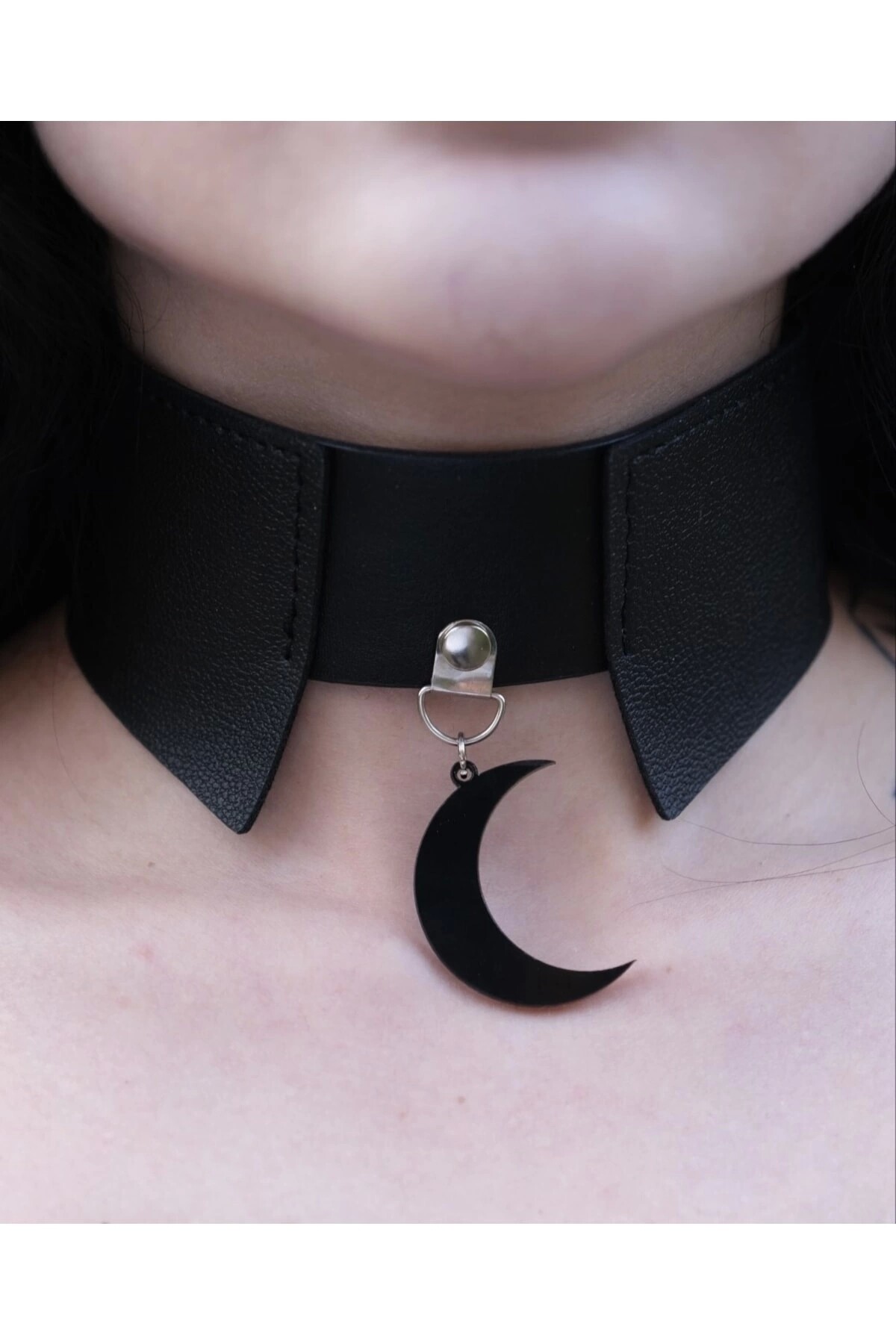 Gotik Punk Yakalı Ay Detay Suni Deri Choker Boyunluk - 2