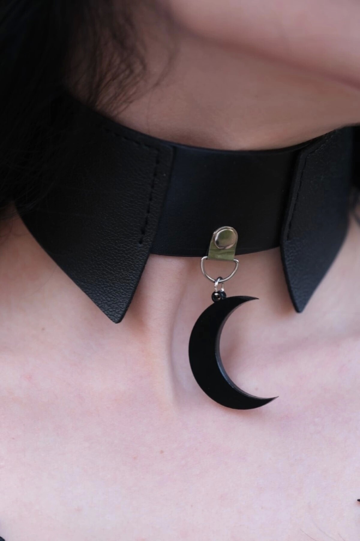 Gotik Punk Yakalı Ay Detay Suni Deri Choker Boyunluk - 3