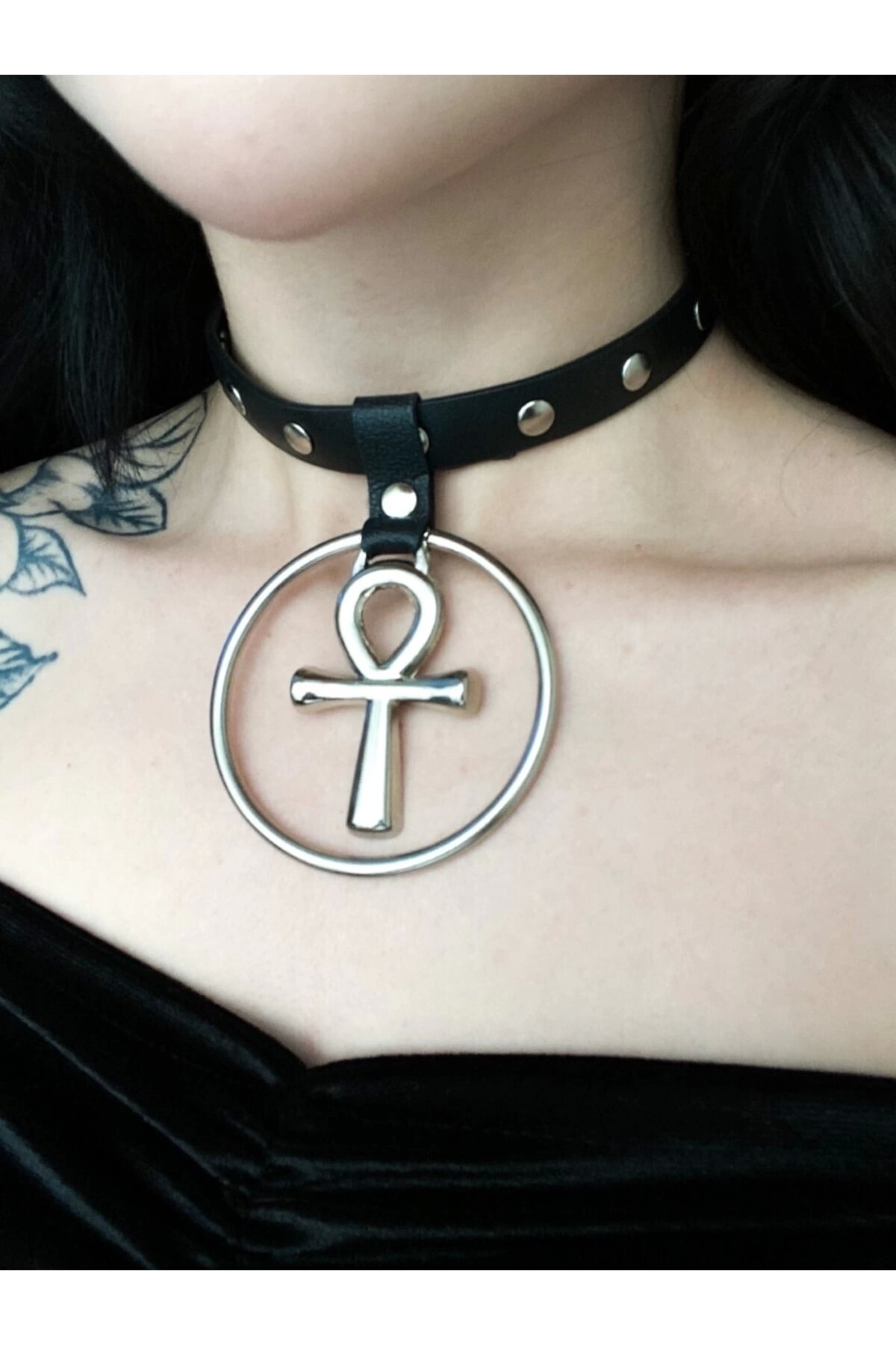 Gotik Punk Zımbalı Suni Deri Halkalı Haç Choker Boyunluk - 2
