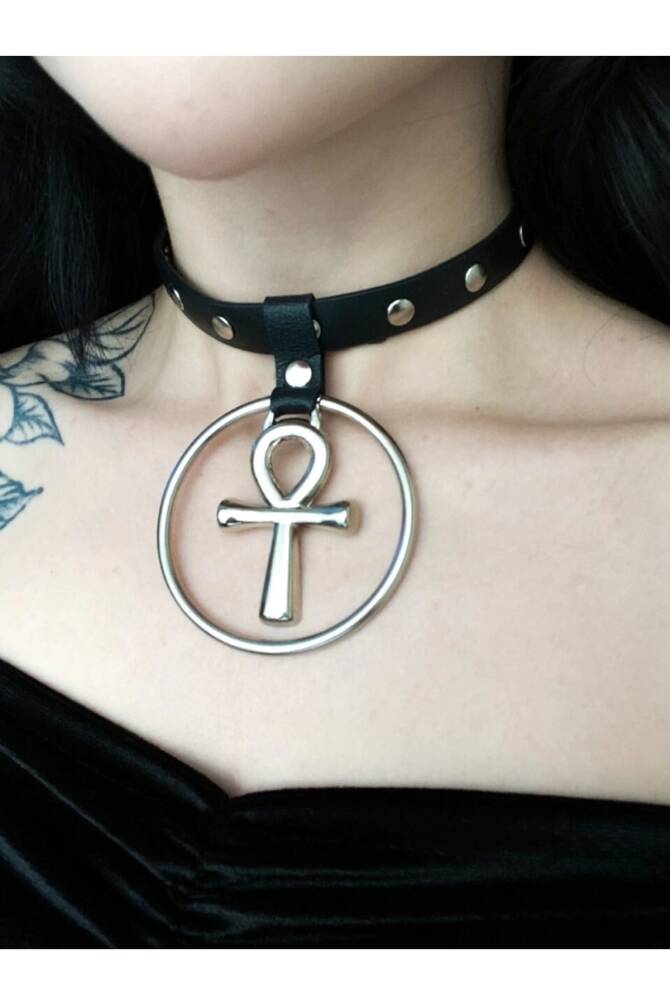 Gotik Punk Zımbalı Suni Deri Halkalı Haç Choker Boyunluk - 2