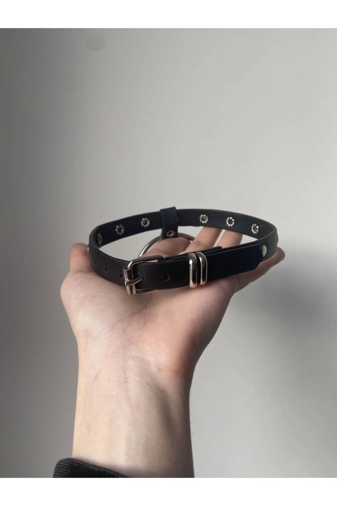 Gotik Punk Zımbalı Suni Deri Halkalı Haç Choker Boyunluk - 3