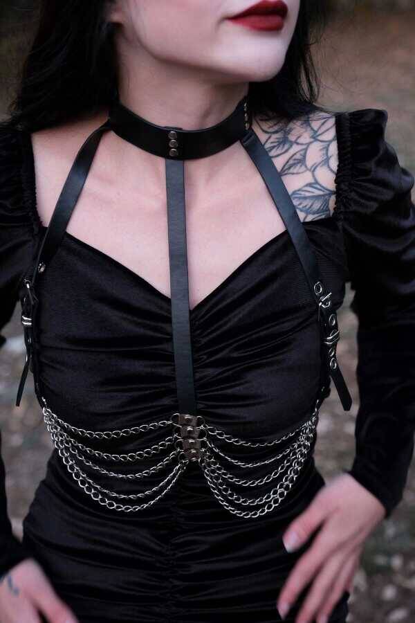 Gotik Punk Zincirli Suni Deri Harness Vücut Aksesuarı - 1