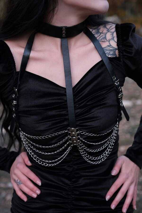 Gotik Punk Zincirli Suni Deri Harness Vücut Aksesuarı - 2