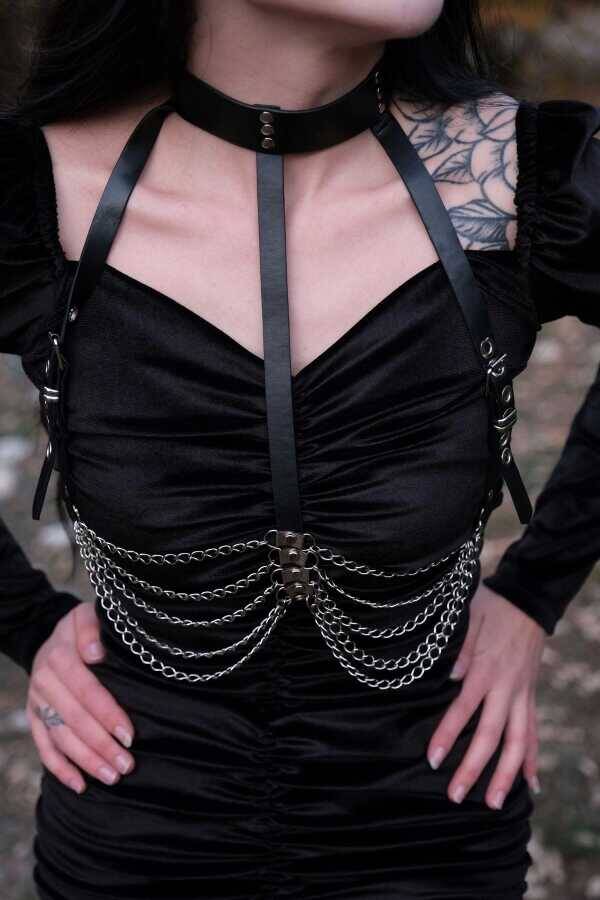 Gotik Punk Zincirli Suni Deri Harness Vücut Aksesuarı - 3