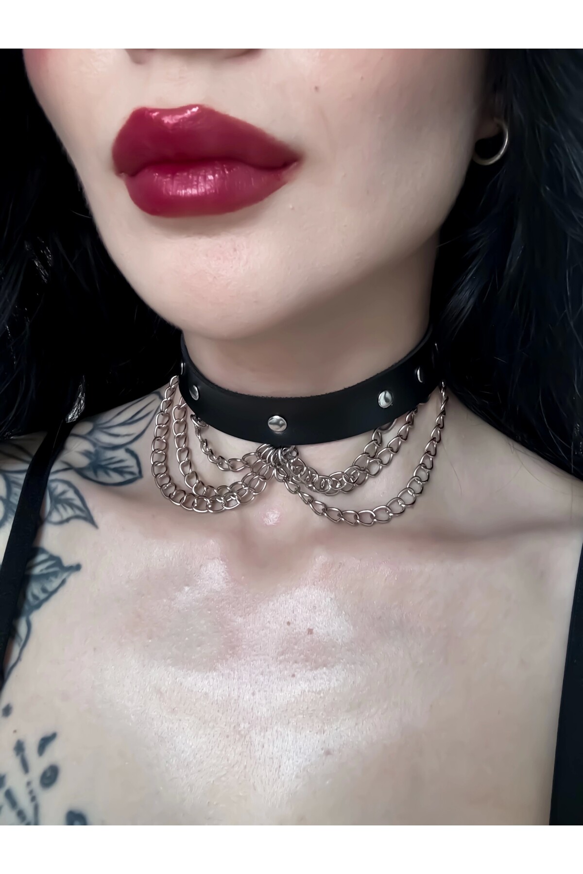 Gotik Punk Zincirli Zımbalı Suni Deri Choker Boyunluk (Ayarlanabilir) - 2