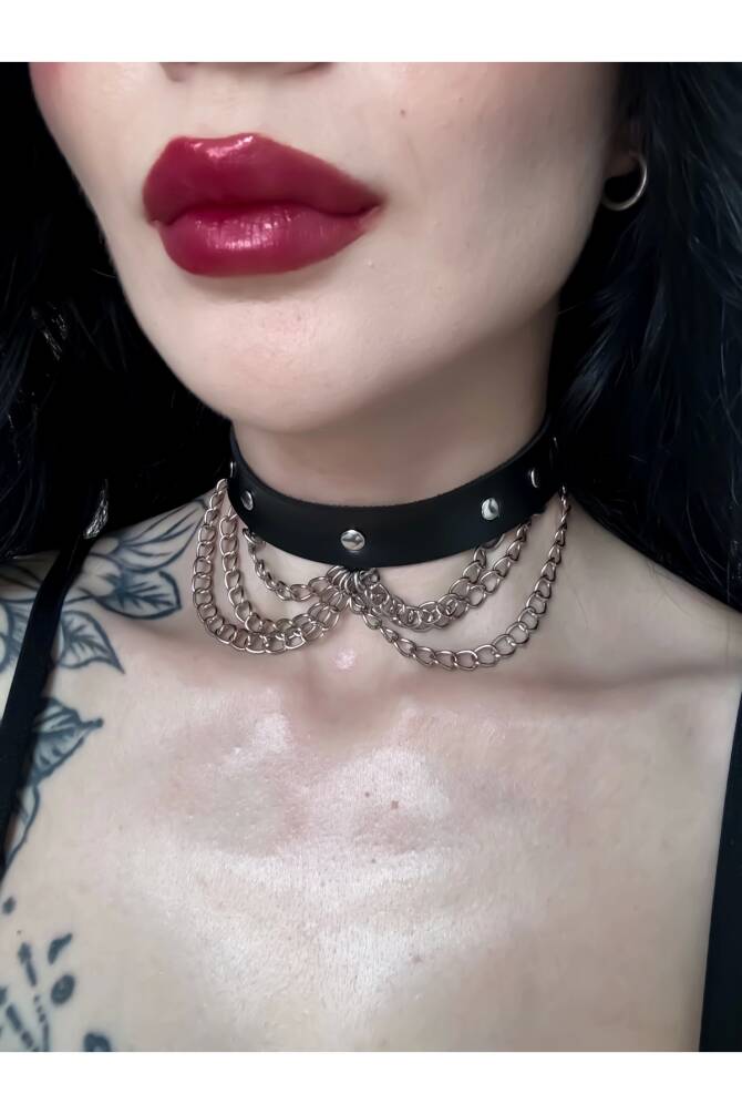 Gotik Punk Zincirli Zımbalı Suni Deri Choker Boyunluk (Ayarlanabilir) - 2