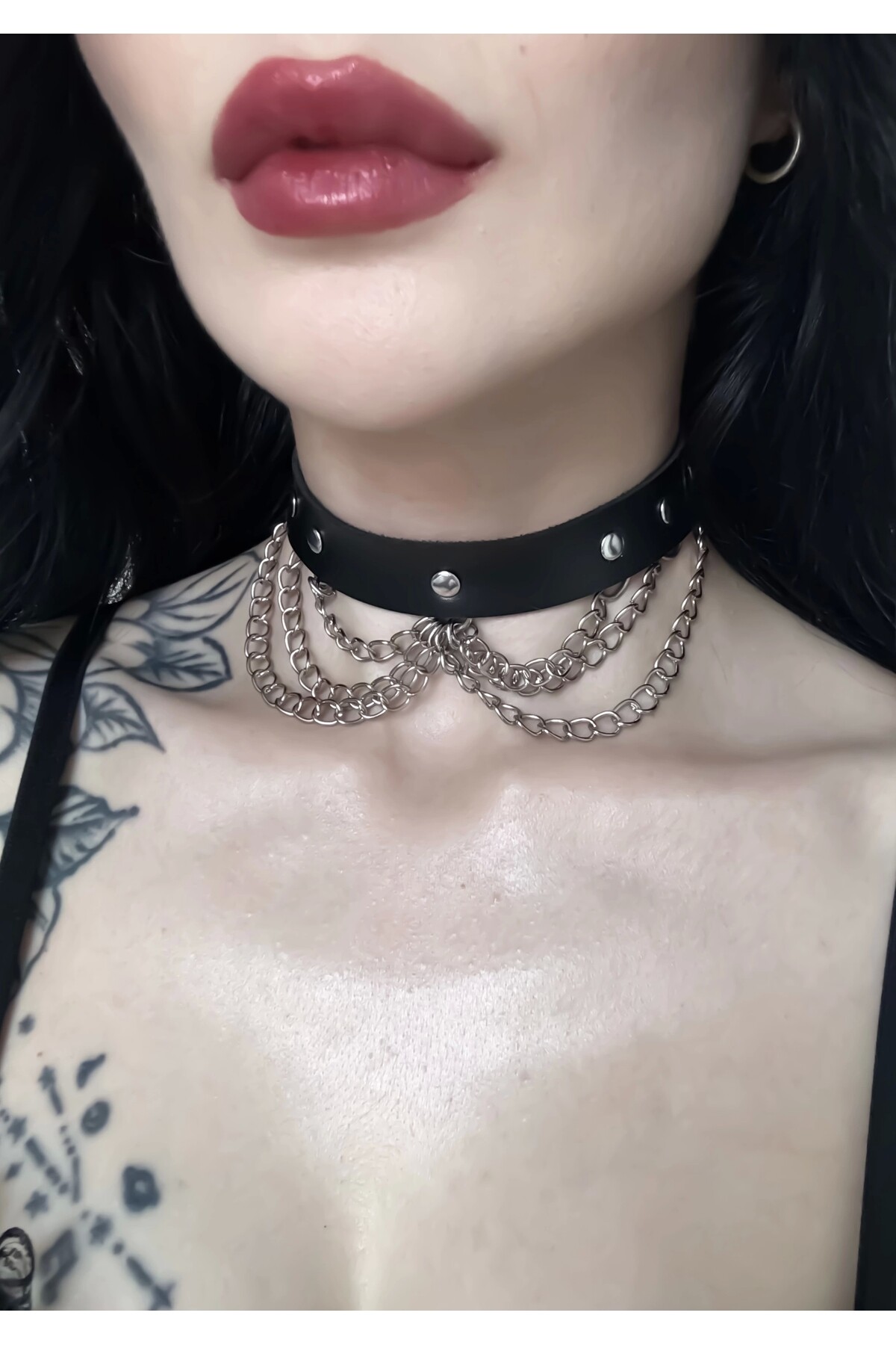 Gotik Punk Zincirli Zımbalı Suni Deri Choker Boyunluk (Ayarlanabilir) - 3