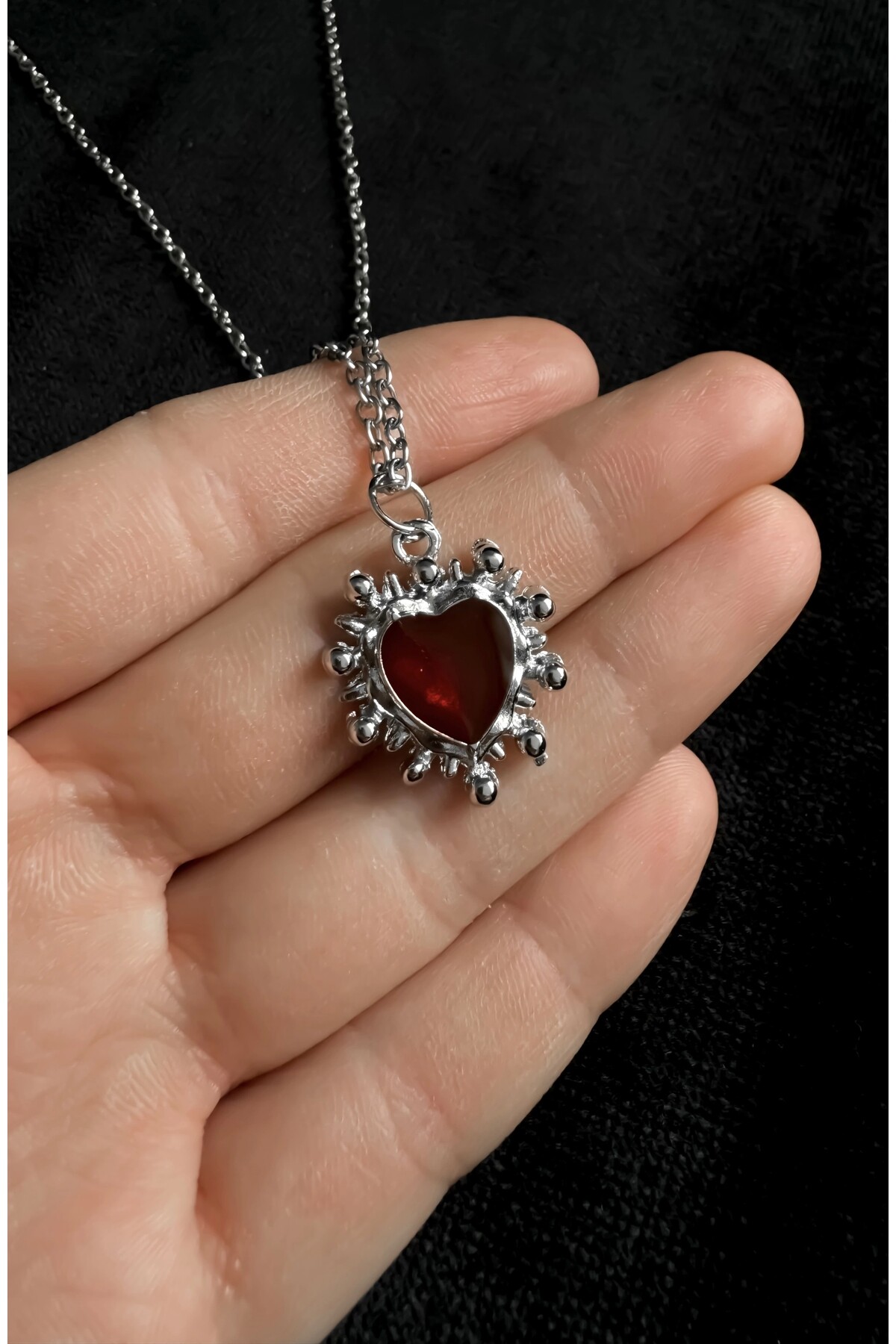 Gotik Victorian Bordo Taşlı Kalp Kolye - 2