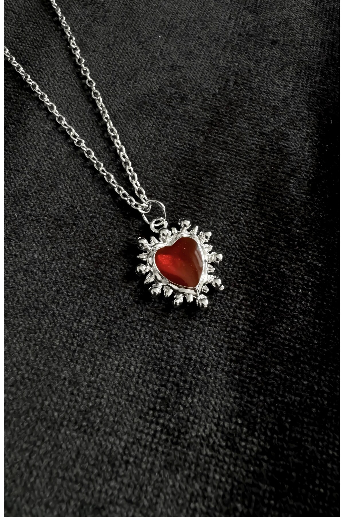 Gotik Victorian Bordo Taşlı Kalp Kolye - 3