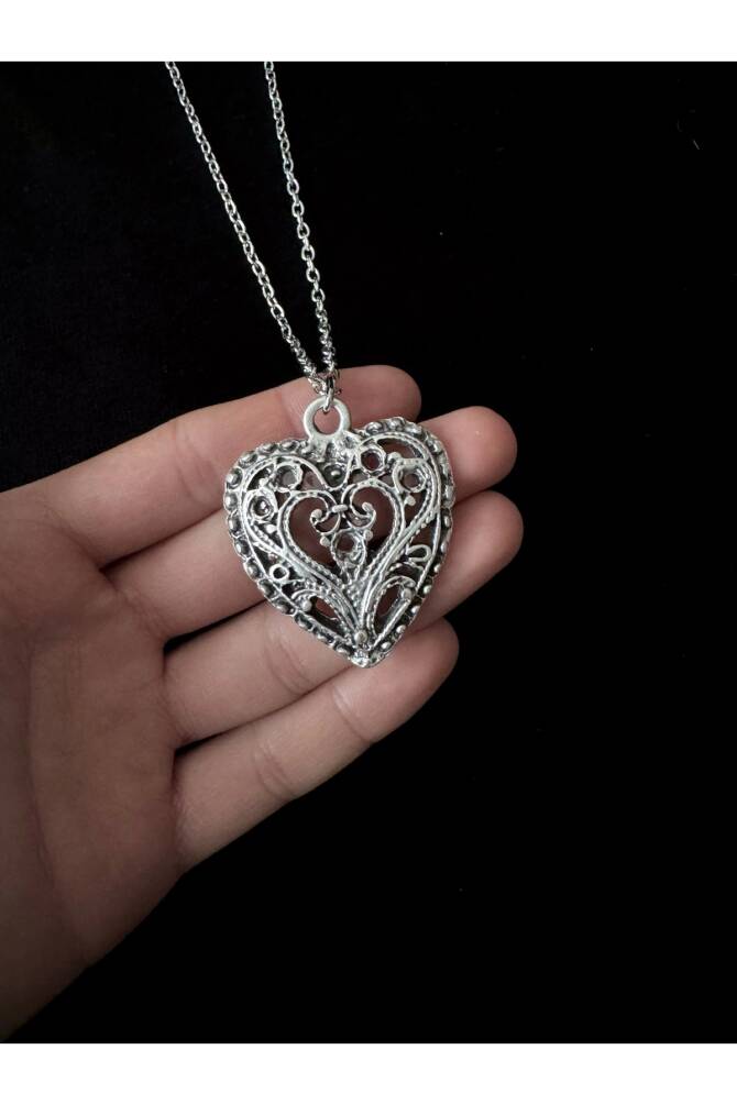 Gotik Victorian Desenli Kalp Kolye - 3