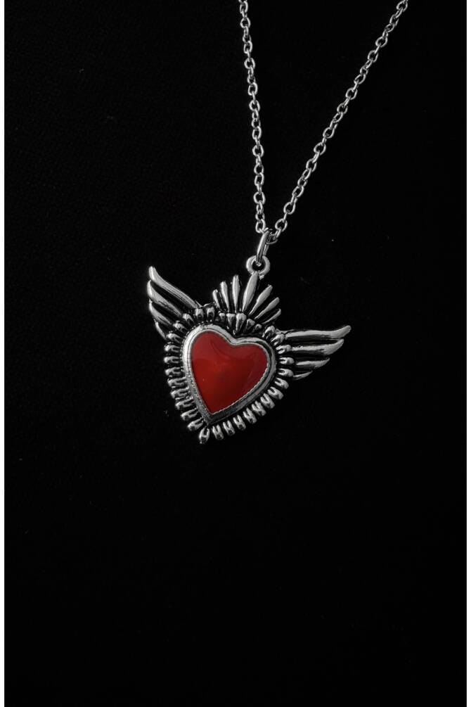 Gotik Victorian Kanatlı Kırmızı Kalp Kolye - 1