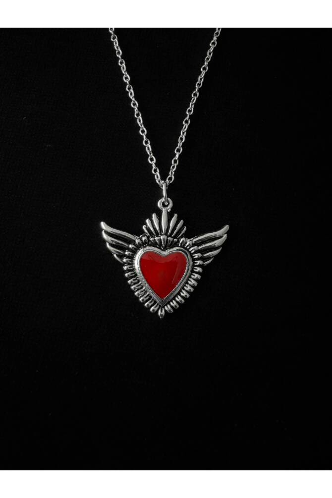 Gotik Victorian Kanatlı Kırmızı Kalp Kolye - 2