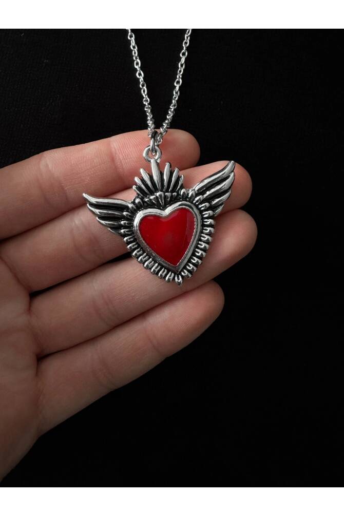 Gotik Victorian Kanatlı Kırmızı Kalp Kolye - 3