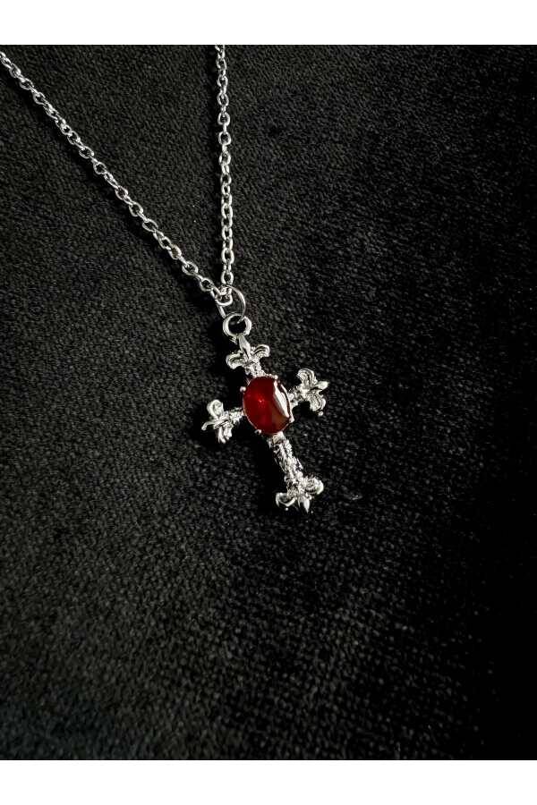 Gotik Victorian Punk Bordo Taşlı Haç Kolye - 3