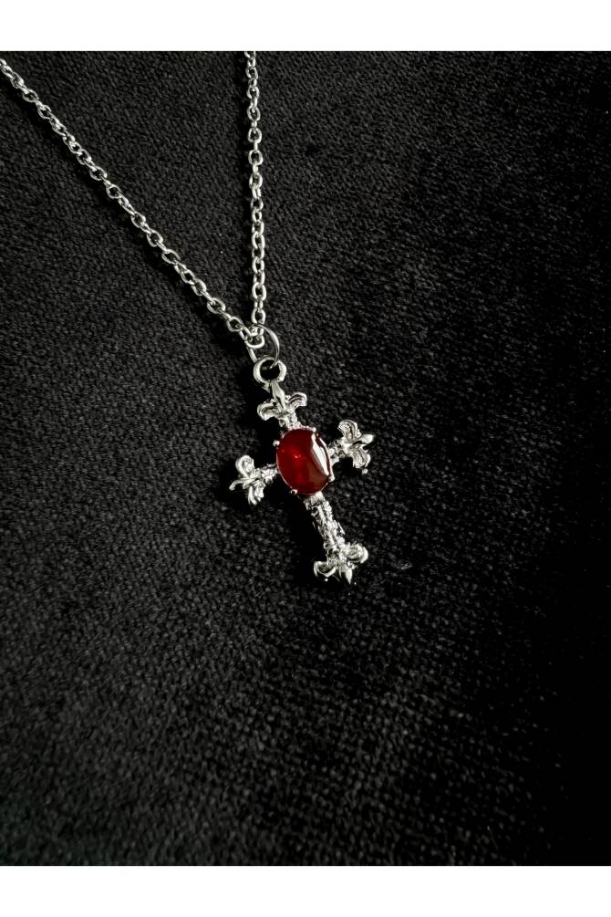 Gotik Victorian Punk Bordo Taşlı Haç Kolye - 1