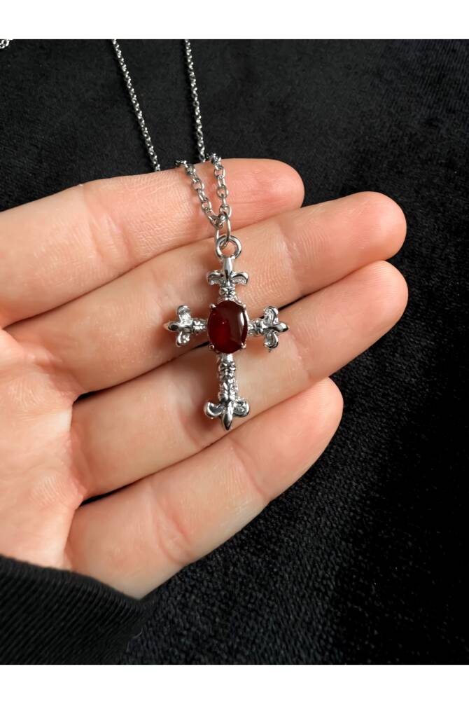 Gotik Victorian Punk Bordo Taşlı Haç Kolye - 2