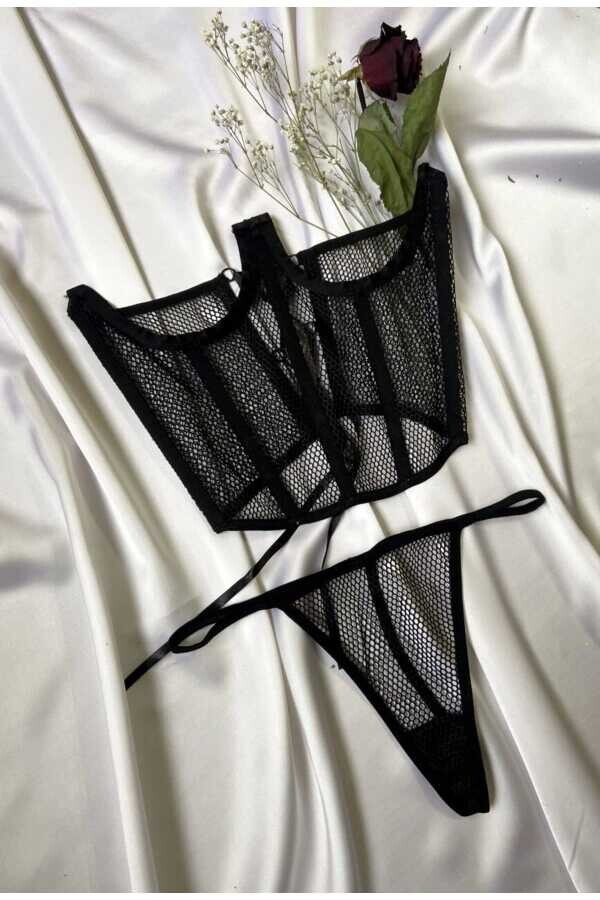 Gotik Vintage File Bağcıklı Bel Korsesi & String Set Takım - 7