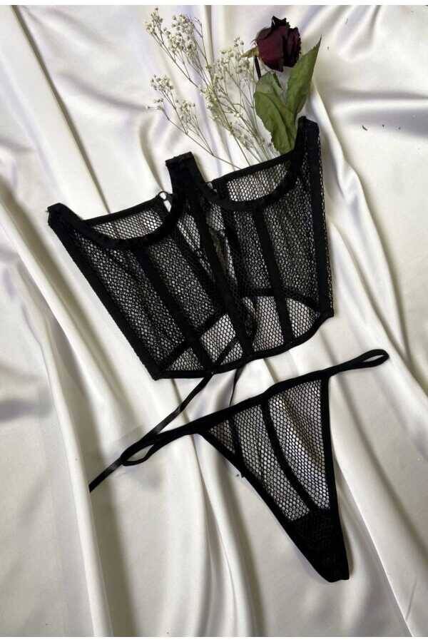 Gotik Vintage File Bağcıklı Bel Korsesi & String Set Takım - 7