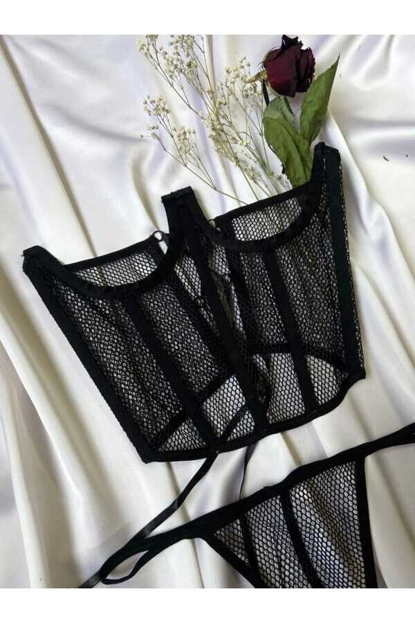 Gotik Vintage File Bağcıklı Bel Korsesi & String Set Takım - 6
