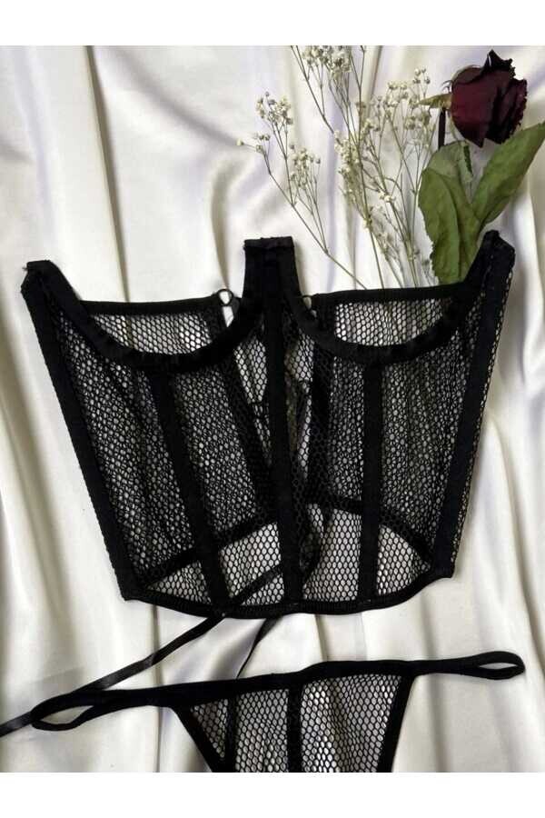 Gotik Vintage File Bağcıklı Bel Korsesi & String Set Takım - 1