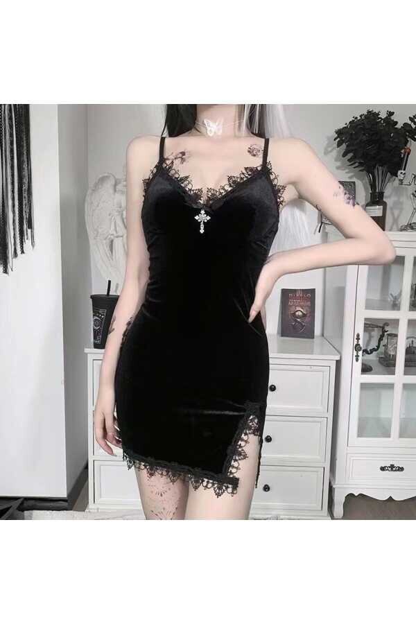 Gotik Vintage Kadife Haç Detay Yırtmaçlı Mini Elbise - 13