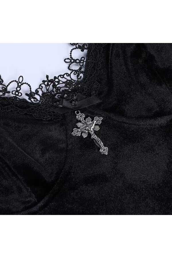 Gotik Vintage Kadife Haç Detay Yırtmaçlı Mini Elbise - 10
