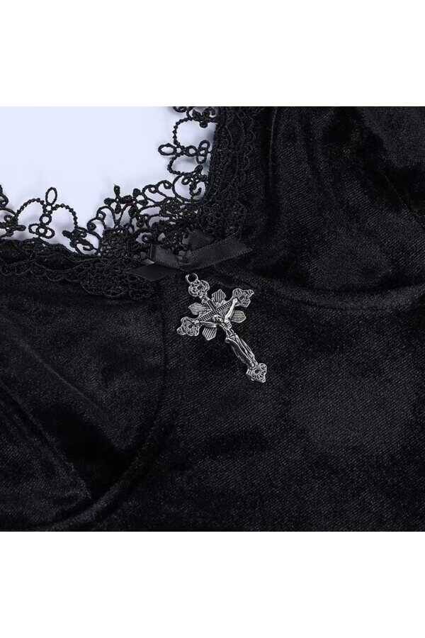 Gotik Vintage Kadife Haç Detay Yırtmaçlı Mini Elbise - 10