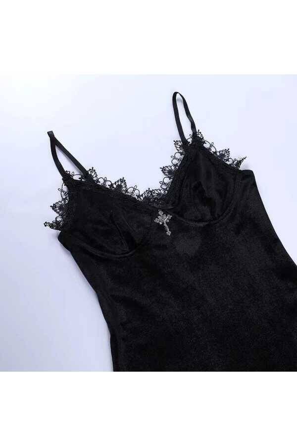 Gotik Vintage Kadife Haç Detay Yırtmaçlı Mini Elbise - 9