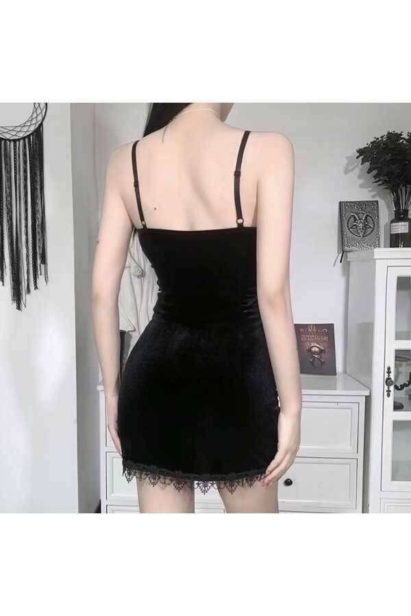 Gotik Vintage Kadife Haç Detay Yırtmaçlı Mini Elbise - 3