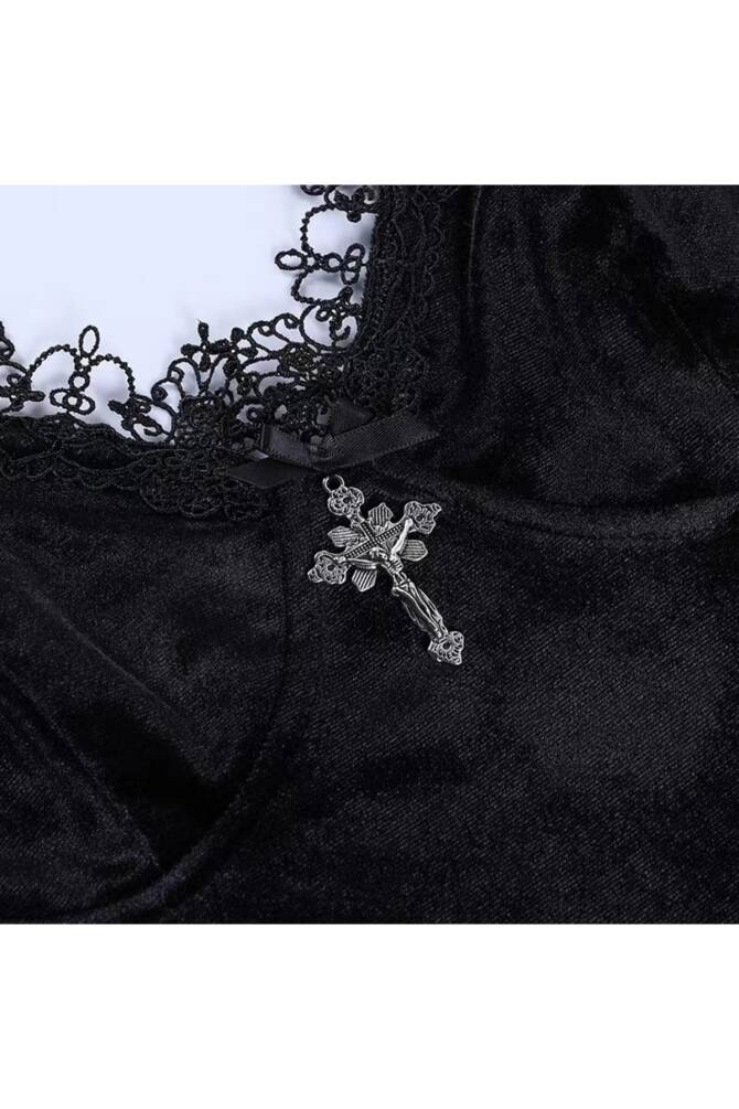 Gotik Vintage Kadife Haç Detay Yırtmaçlı Mini Elbise - 13