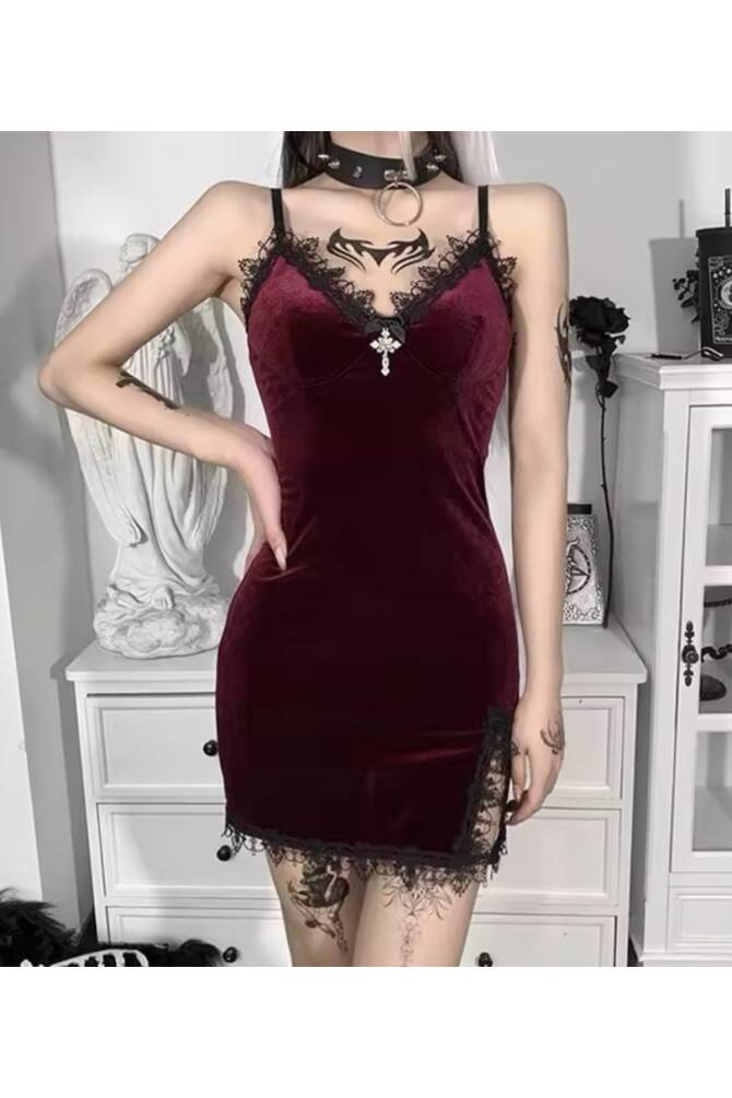 Gotik Vintage Kadife Haç Detay Yırtmaçlı Mini Elbise - 8
