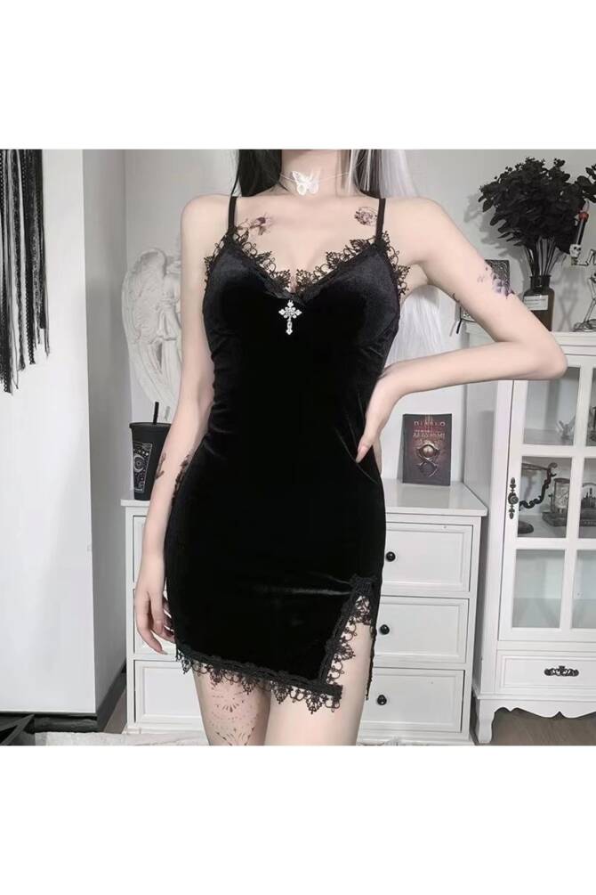 Gotik Vintage Kadife Haç Detay Yırtmaçlı Mini Elbise - 5