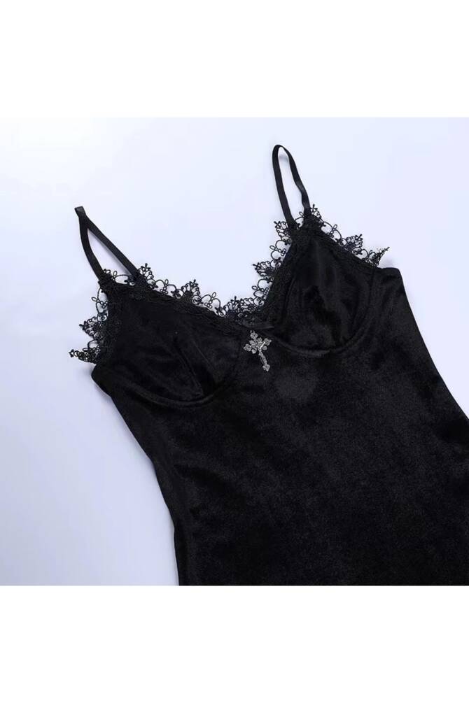 Gotik Vintage Kadife Haç Detay Yırtmaçlı Mini Elbise - 1