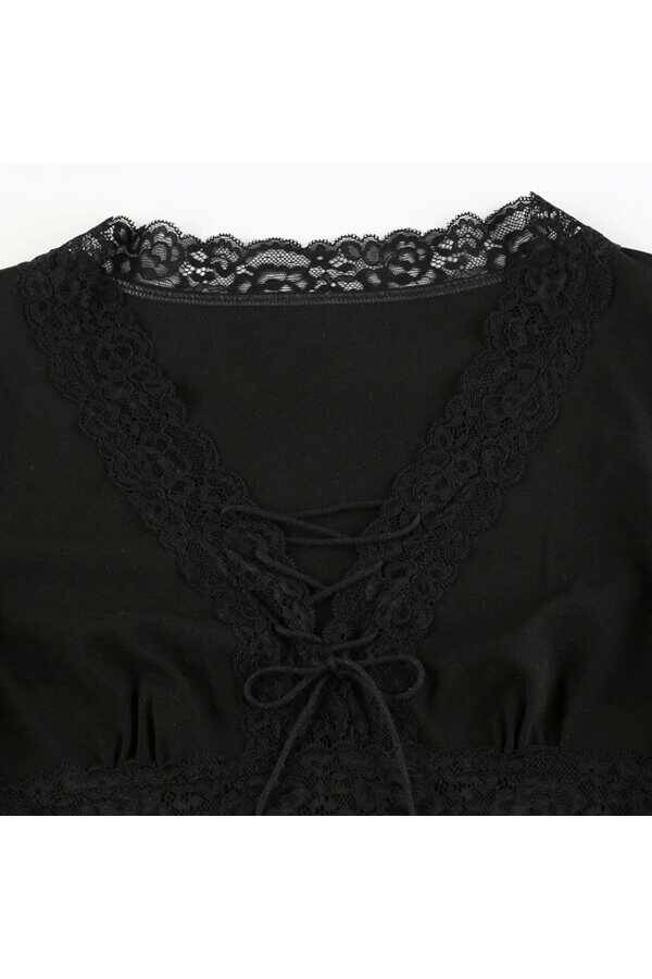 Gotik Y2K Bağcıklı Dantelli Crop Bluz - 1