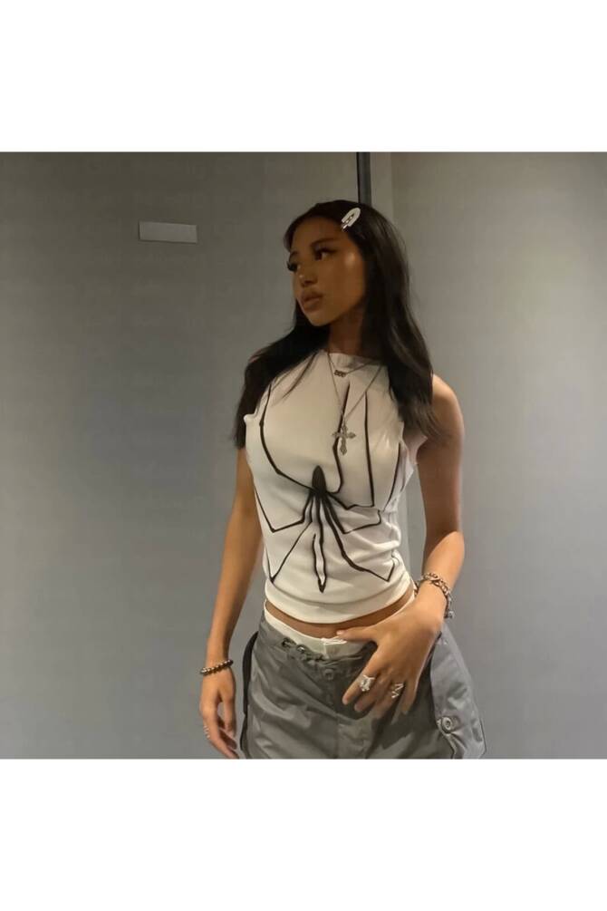 Gotik Y2K Örümcek Spider Askılı Crop T-Shirt - 2