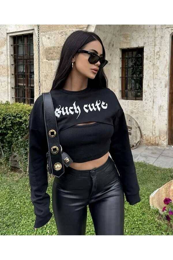 Gotik Yazılı Such Cute Crop Sweatshirt - 7