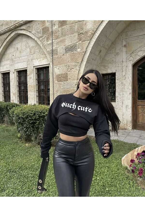 Gotik Yazılı Such Cute Crop Sweatshirt - 1