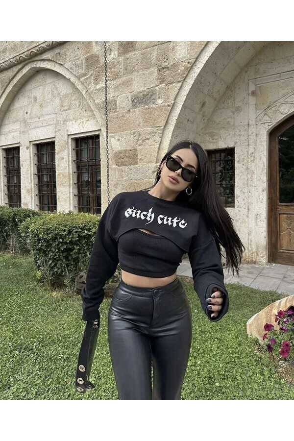 Gotik Yazılı Such Cute Crop Sweatshirt - 1