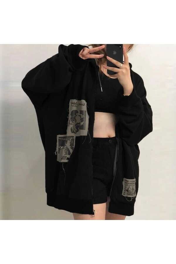 Grunge Harajuku Vintage Old Punk Days (UNİSEX OVERSİZE) Fermuarlı Kapüşonlu - 5