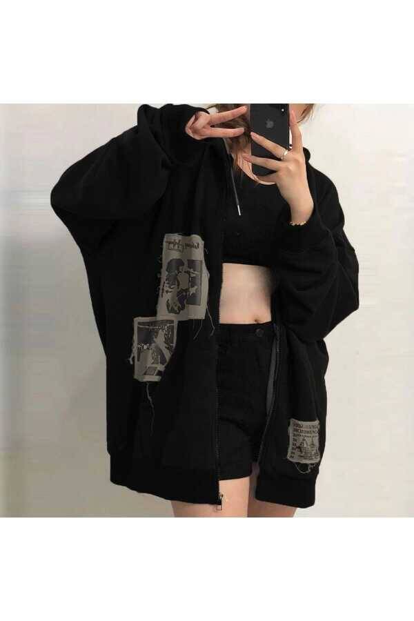 Grunge Harajuku Vintage Old Punk Days (UNİSEX OVERSİZE) Fermuarlı Kapüşonlu - 5