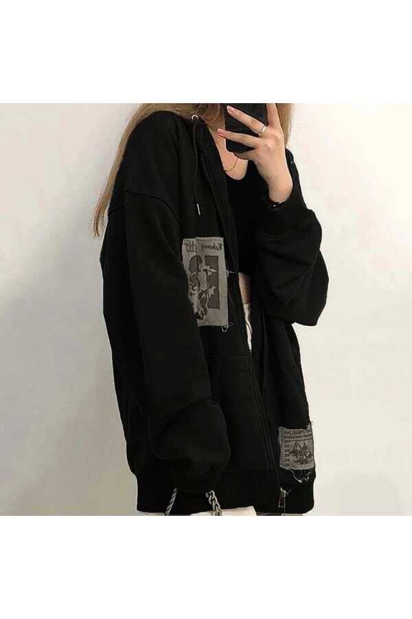 Grunge Harajuku Vintage Old Punk Days (UNİSEX OVERSİZE) Fermuarlı Kapüşonlu - 2