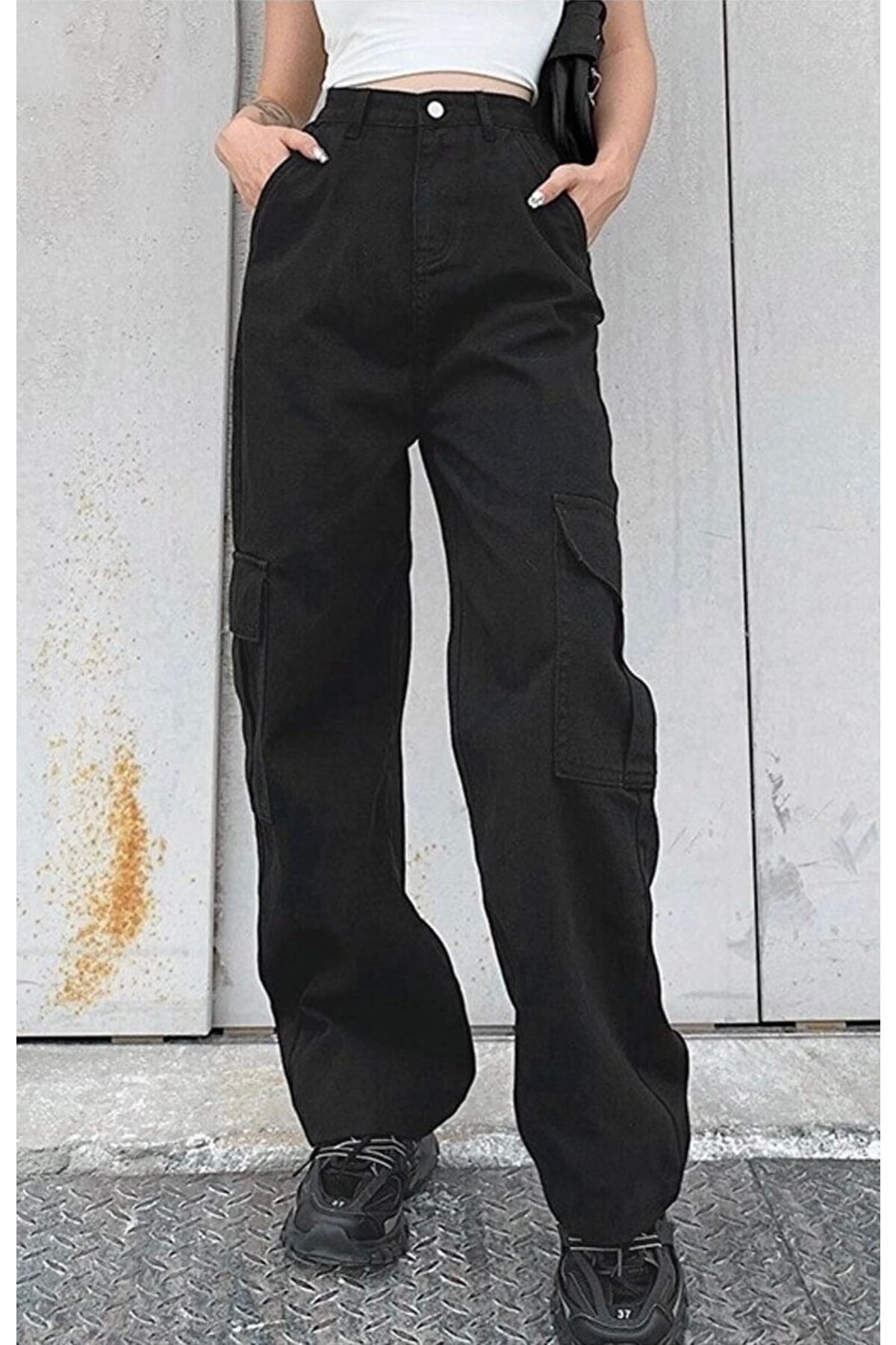 Harajuku Kalın Kumaş Siyah Kargo Pantolon - DarkellaStore