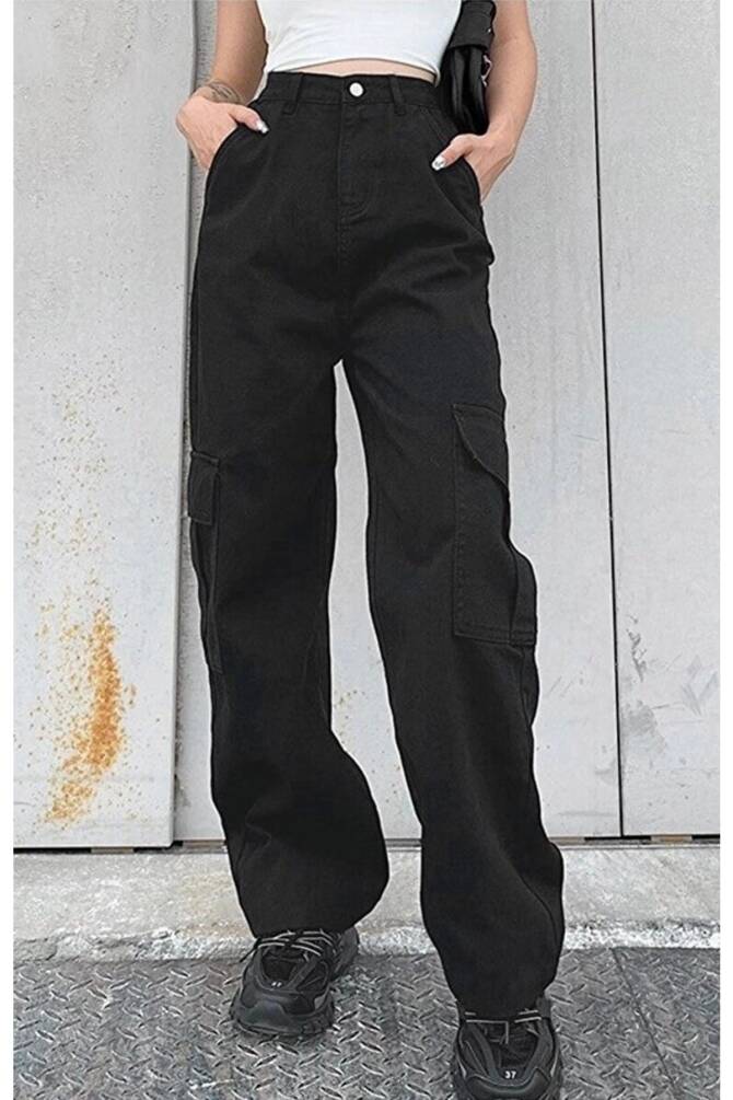 Harajuku Kalın Kumaş Siyah Kargo Pantolon - 1