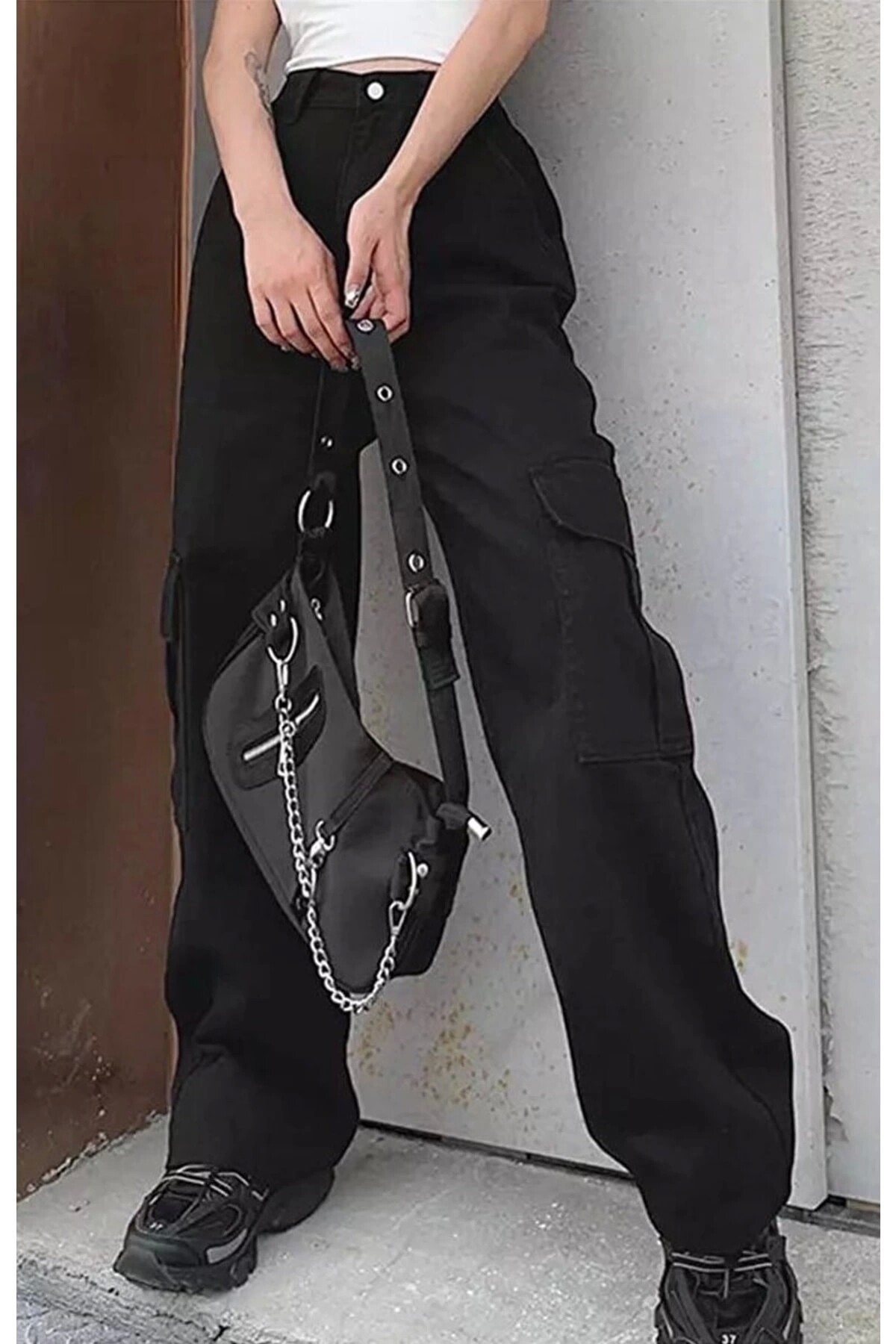 Harajuku Kalın Kumaş Siyah Kargo Pantolon - 2