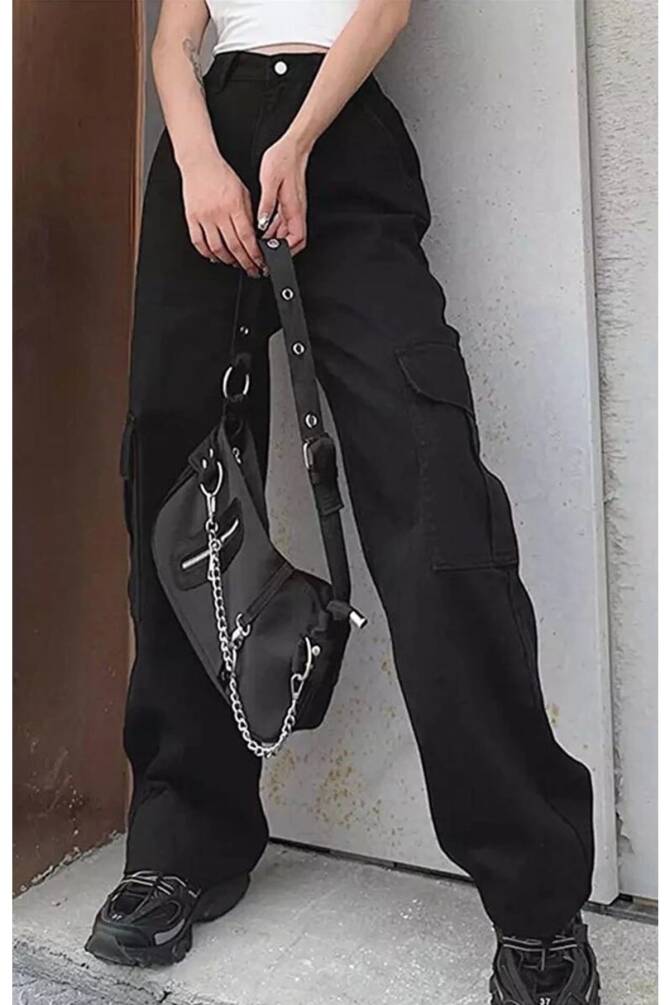 Harajuku Kalın Kumaş Siyah Kargo Pantolon - 2