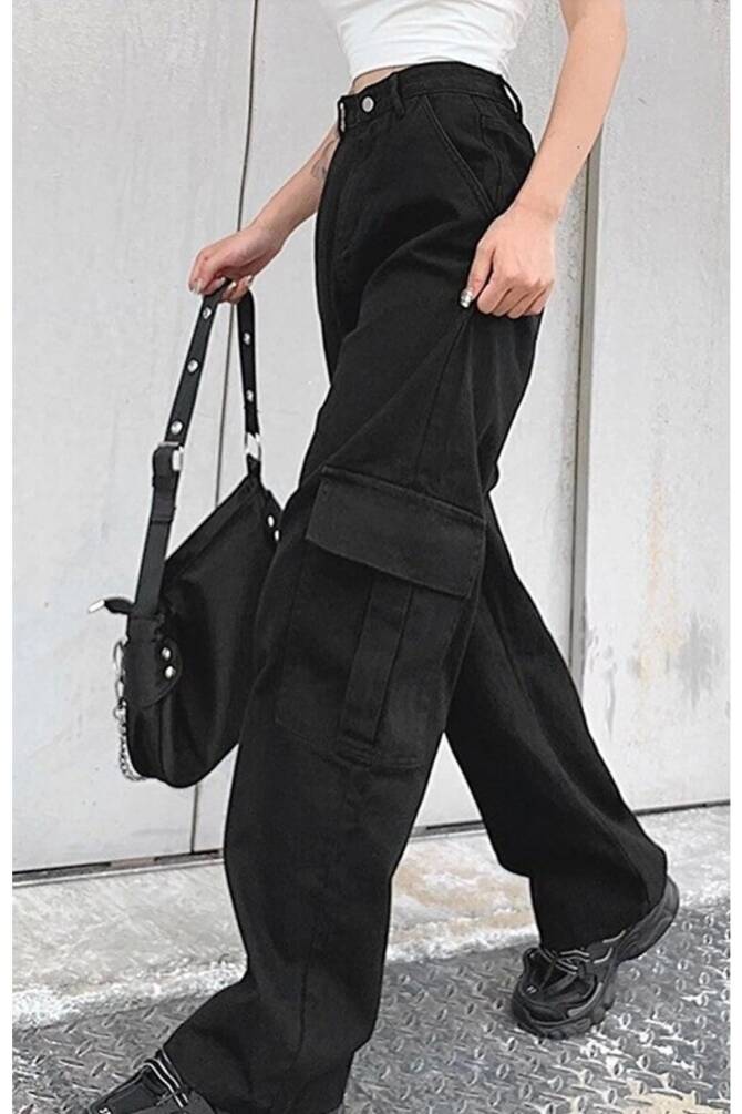 Harajuku Kalın Kumaş Siyah Kargo Pantolon - 3
