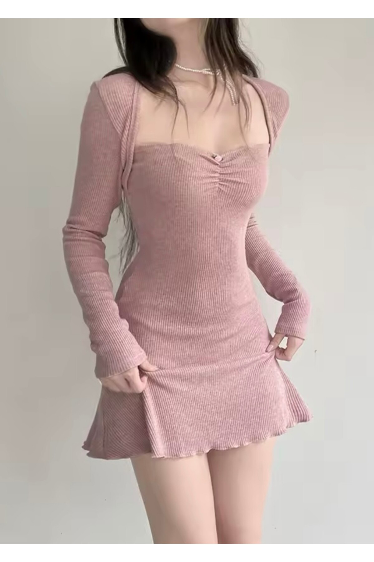 Harajuku Lolita Pembe Uzun Kollu Kare Yaka Fitilli Elbise - 6