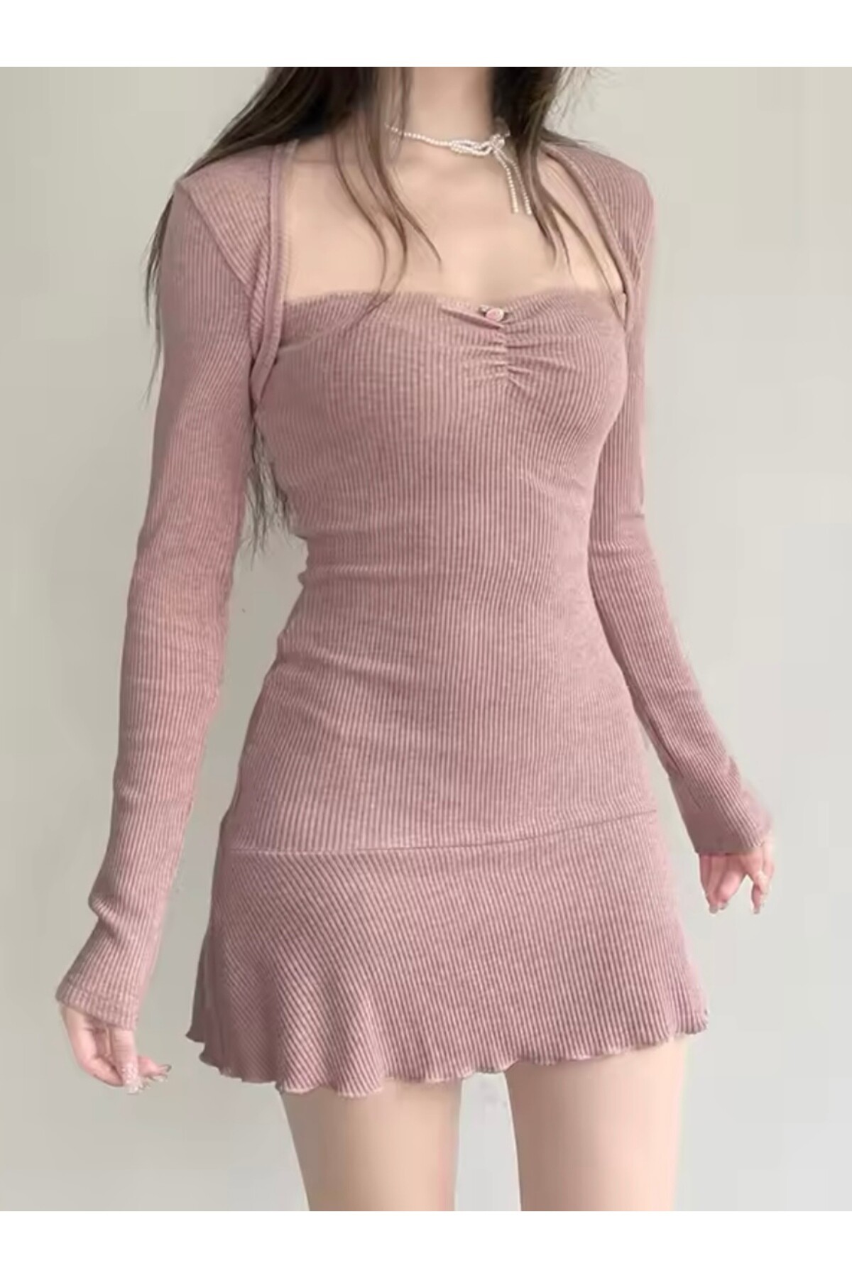 Harajuku Lolita Pembe Uzun Kollu Kare Yaka Fitilli Elbise - DarkellaStore