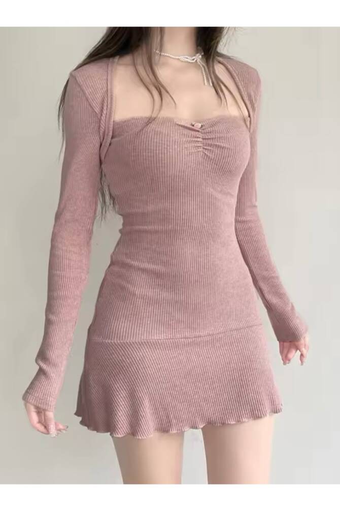 Harajuku Lolita Pembe Uzun Kollu Kare Yaka Fitilli Elbise - 1